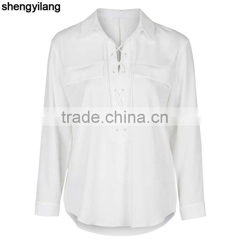 Simple and stylish women white shirts wholesale,custom Tie-Up Pocket Blouse with your own logo china supplier