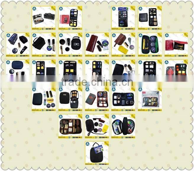 portable travel use shoe shine kit with plastic shoe horn and tin shoe polish