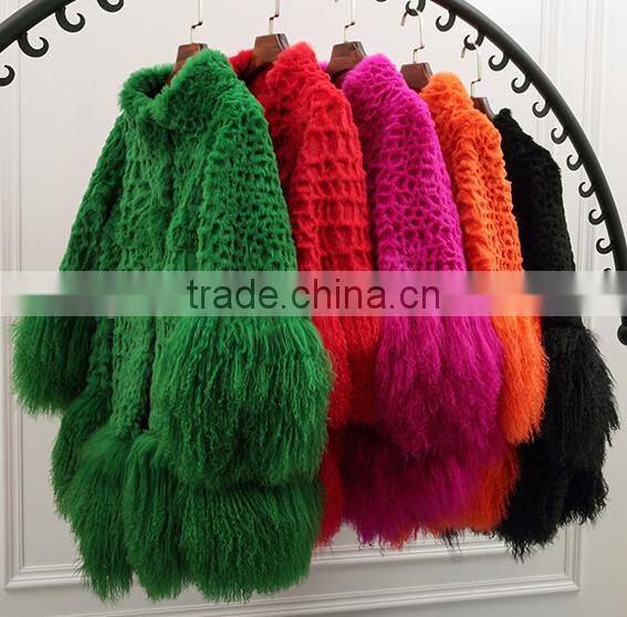 YR117 Mexico Style Fahion Fur Jacket Colored Genuine Mongolia and Rabbit Fur Coat