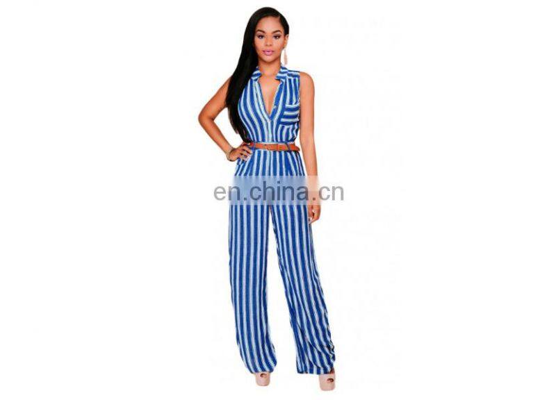 OEM Service High Quality Fashion Sexy Stripes Button Front Belted Jumpsuit