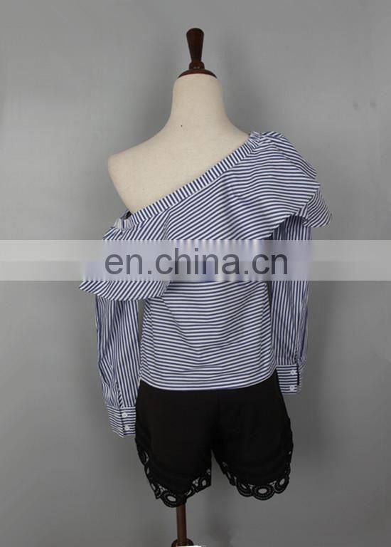 2017 summer new style navy stripe jumpsuit long sleeve one shoulder lotus neck cotton top and mini lace pant sets