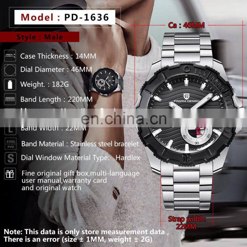 PAGANI DESIGN 1636 Men's Fashion&Casual Quartz Watch Stainless Steel Band Auto Date