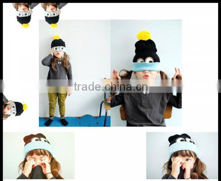 Fashion Cute Lovely Eyes Applique Fixed Kids Boys Girls Pompom Hat Beanie