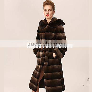 rex14020 Long Sleeve Hood dyed Rex Rabbit Fur Coat