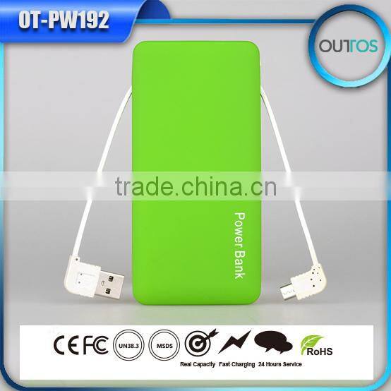 6000mah credit card size power bank with 2 bulit-in cables