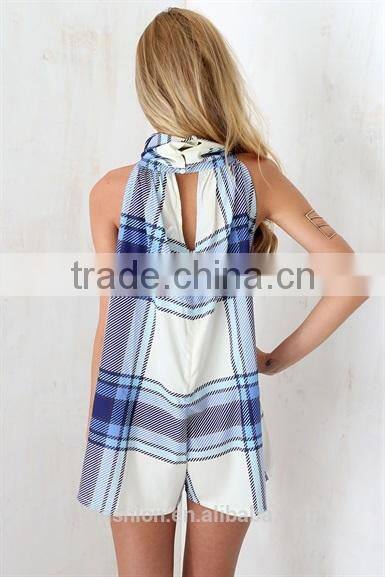 2015 Blue Cheque Playsuit jumpsuit shorts adult short jumpsuit