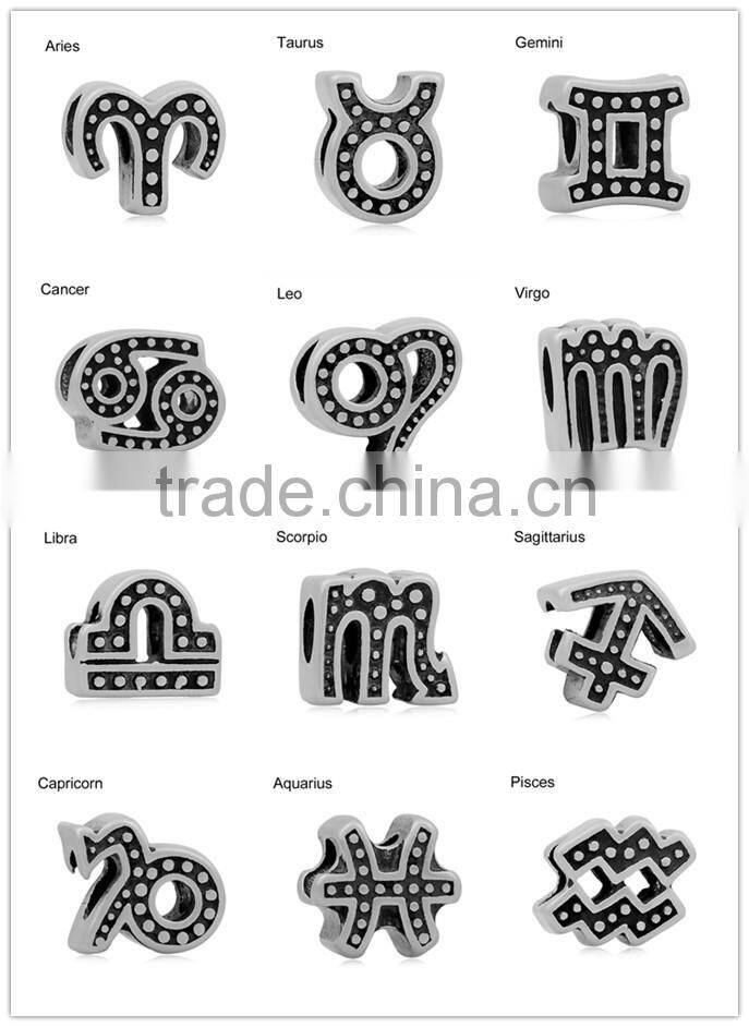 Wholesale 12 Constellations Totem Vintage Tone Stainless Steel Big Hole European Charm Beads Jewelry Accessories SEB-LG527