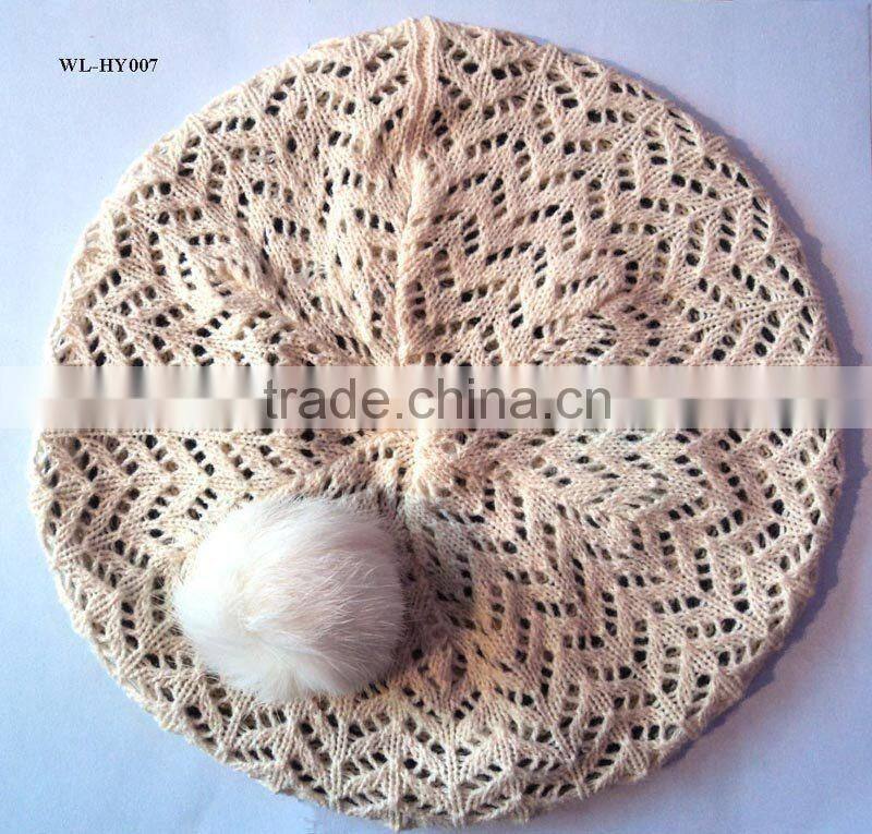 WL-HY007 KNITTING CASHMERE-LIKE ACRYLIC BERET WITH POM-POM