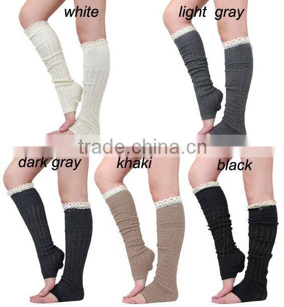 High quality cotton adult knitted knee high leg warmers ruffled lace winter women boot socks leg warmer 5 colors