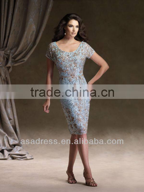 MOMO-3027 Vintage Hand-Beaded Knee-Length Sheath Short Sexy Mother of the Bride Dress