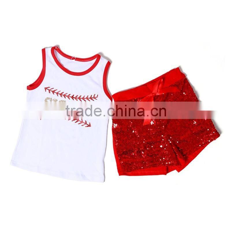 Wholesale black tank top and red sequin skirt with matching headband baseball girl sport wear