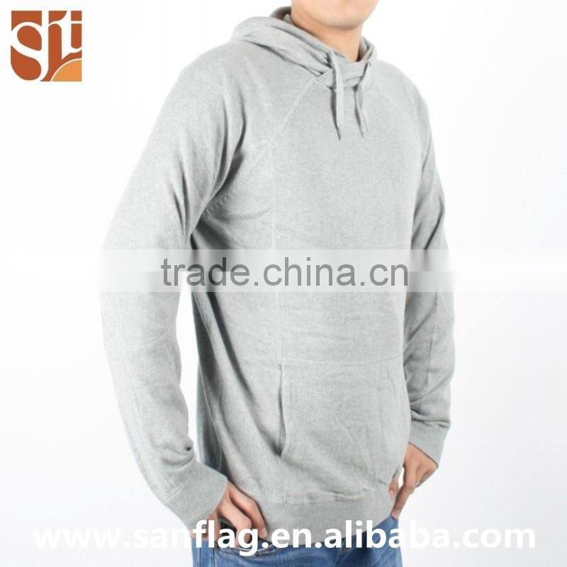 2016 China import direct man long sleeve jumper wool/cashmere hoodie light grey hand knitted sweater with kangaroo pocket