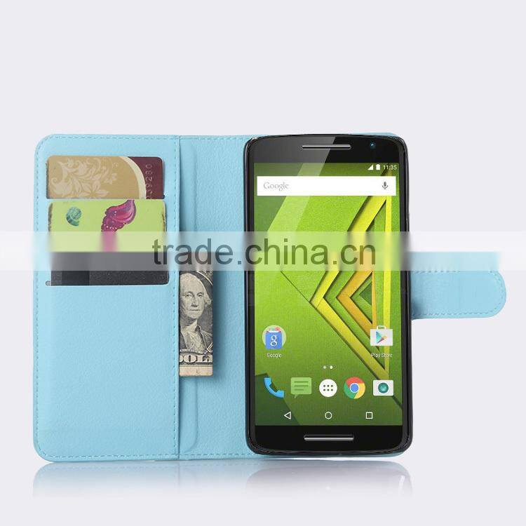 2015 New Arrival Stand Wallet Lychee Leather phone case for Motorola Moto X Play