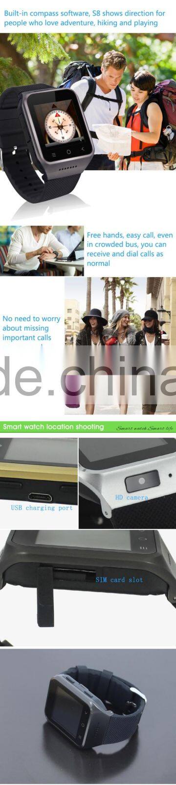 Android 4.4 OS Smart Watch S8 3G MTK6572 Dual Core 4G ROM Phone Watch 2.0MP Camera SIM Card WCDMA GSM Smartwatch App GPS WIFI
