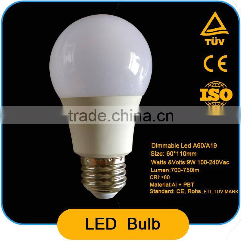 a19 led bulb light 9w e26/e27 9w dimmable ,quality plastic+al ,240 degree beam angle ,720-780 lm,with ETL and TUV-Mark