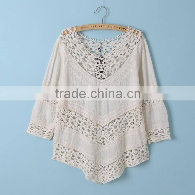 2016 Hot sales Bohemian Pure cotton embroidery crochet Lace tops