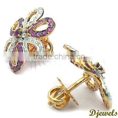 Ruby Diamond Gold Earrings, Diamond Earrings, Diamond Jewelry