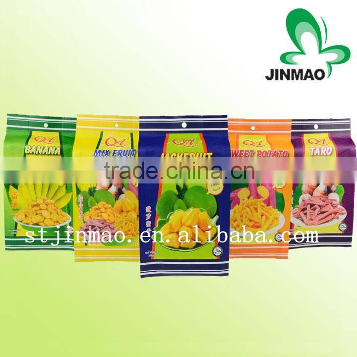 Food industrial use color printing side gusset plastic packaging bag for dried fruit chips with handle hole