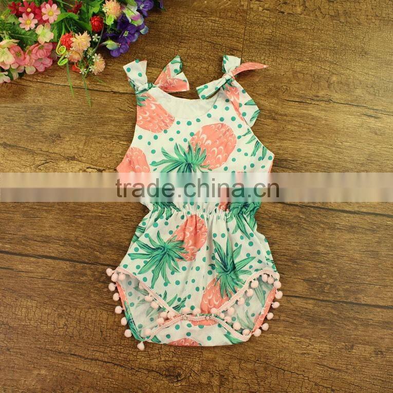 100% cotton toddler girl summer fruit print pom pom floral baby clothes romper first birthday pom girls jumpsuit