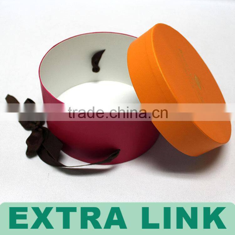 Custom antique Contrasting red orange color ribbon closure cardboard round hat box