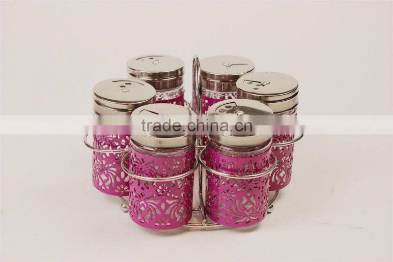 s/6 rose color coat glass spice set