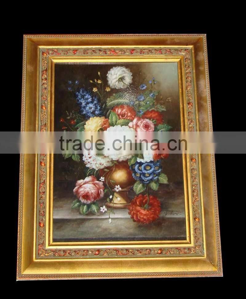 Antique Wood Carved Framed Mural, Oil Painting Ceramic Flower Framed Mural