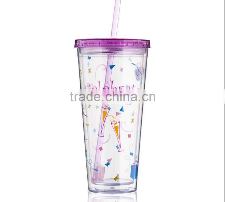 Plastic Cup Double Wall Material Ice Cream Cup With Straw
