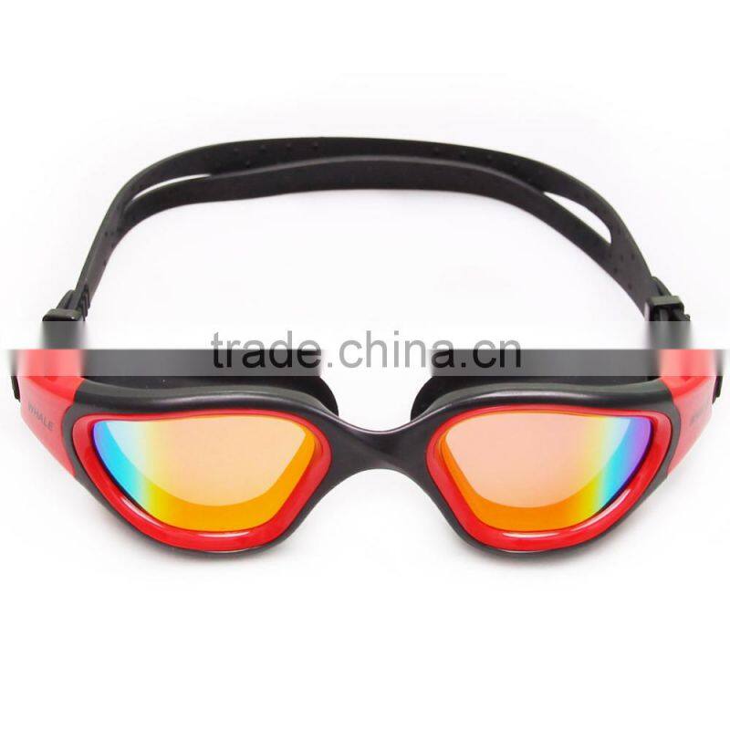 2015 New Panoramic Silicone Adult Swimming Goggles, red mirrored lens(MM-7204)