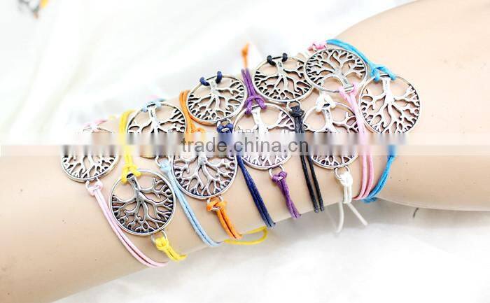 antique silver hollow tree of life charm bracelet customized charm wax cord bracelet cheap personalzied bracelet for promotion