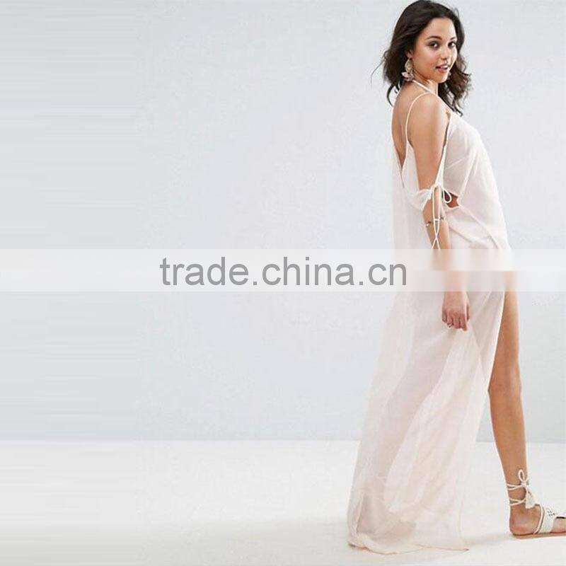 2017 Summer Women Sexy Maxi Beach Kaftan Cold Shoulders Transparent Chiffon Dress HSm9087