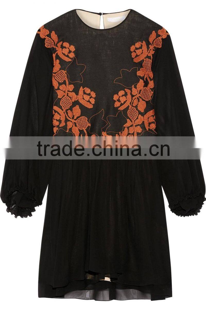 New Style Bohemian Floral Embroidery Design Embroidered Linen And Silk-Chiffon Long Billowy Sleeves Mini Dress 2017 HSD5908