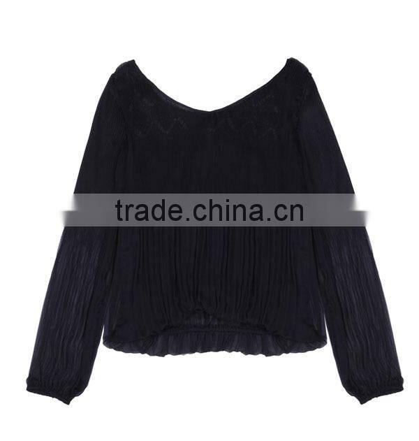 Hot selling modern unique high quality deep collar crepe chiffon blouses long sleeve butterfly blouse