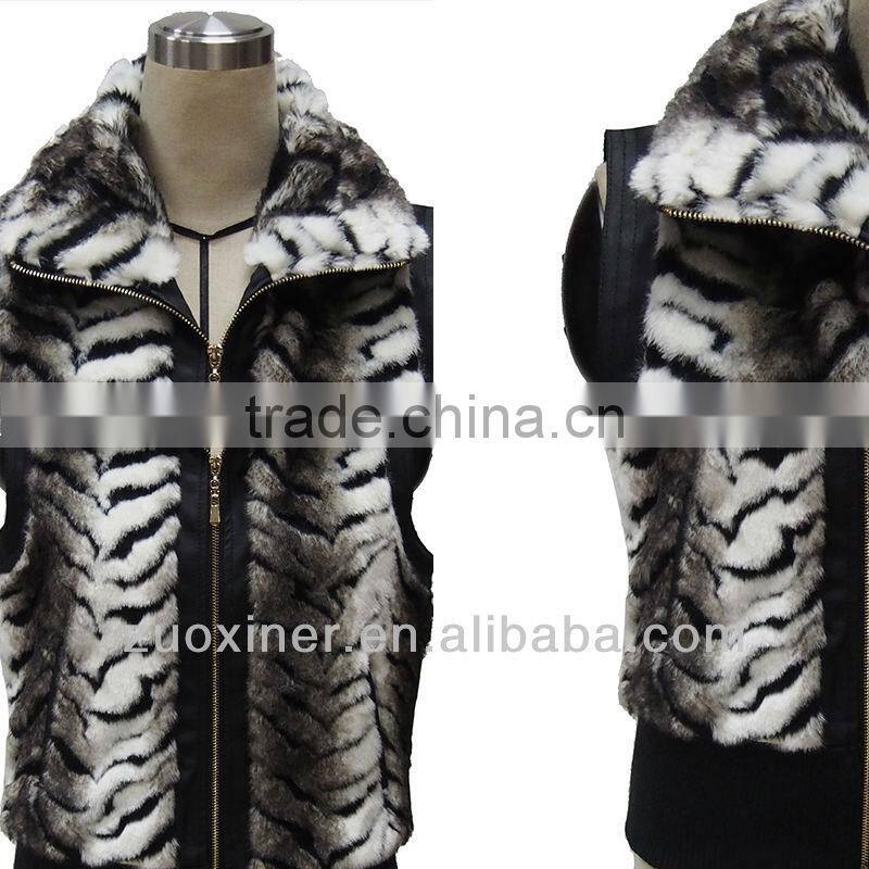 Tiger printing fur vest combination PU for women,fake fur waistcoats