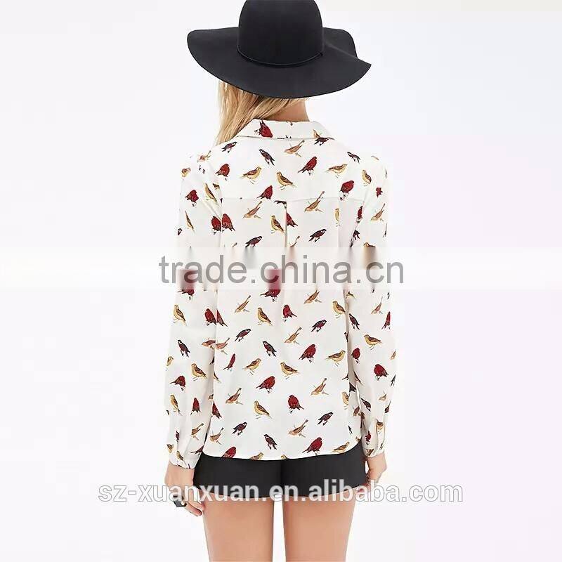 2016 Plain white casual long sleeve with animal printing shirt for girls