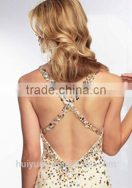 sexy halter handmade crystal beaded sheath nude evening dress