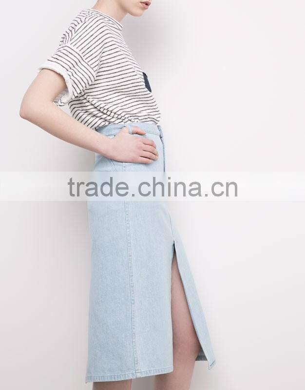 Open slit ladies long bleach wash midi long soft denim skirts