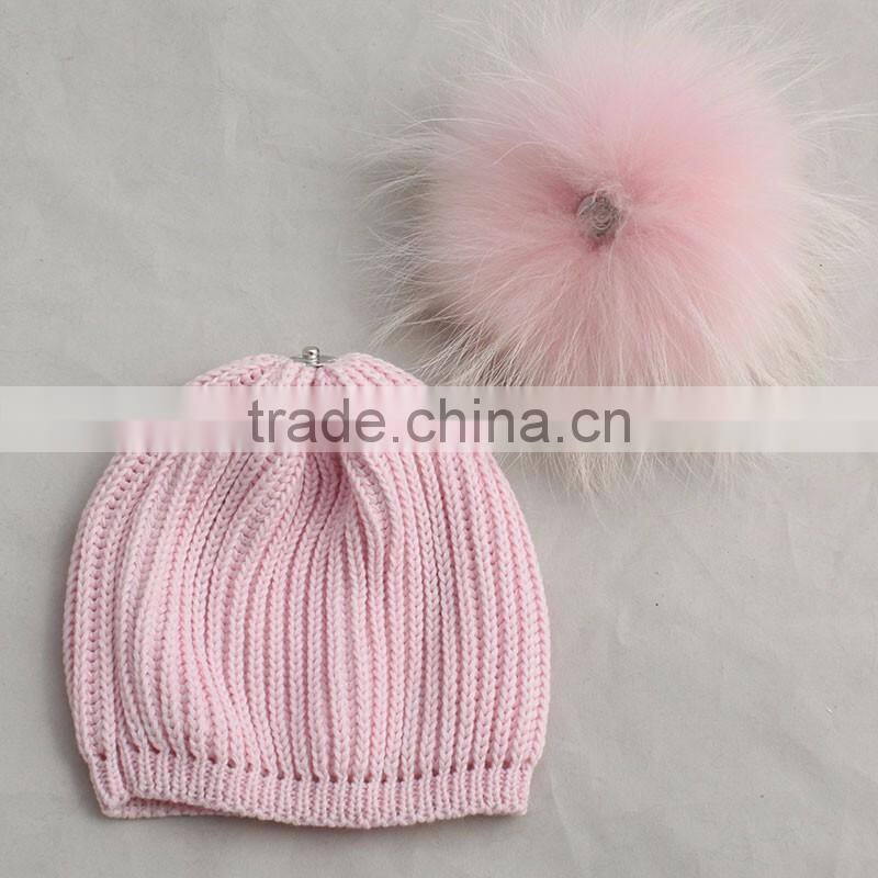 Myfur Baby Pink Raccoon Fur Pom Pom Knitting Hat with Raccoon Fur Bobble