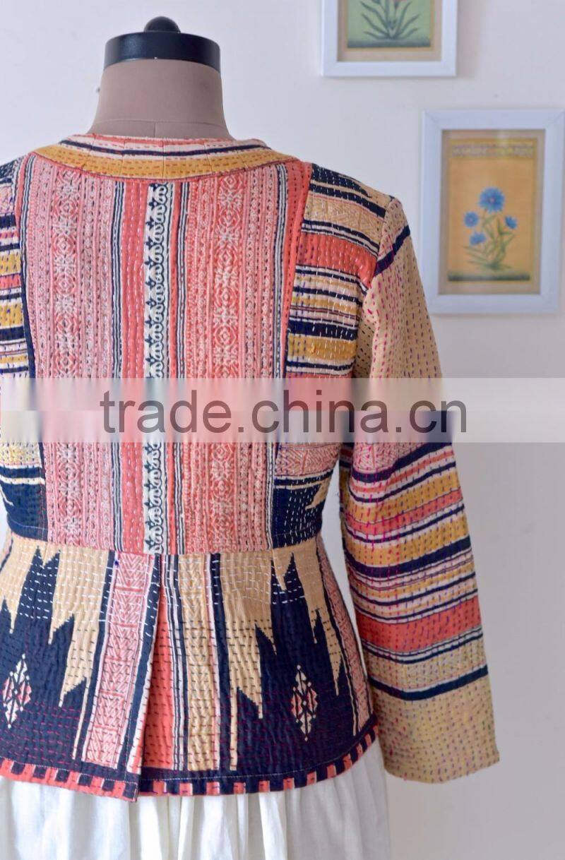 Hand Crafted Kantha Jacket in Beautiful Vintage Color Print ~ Large