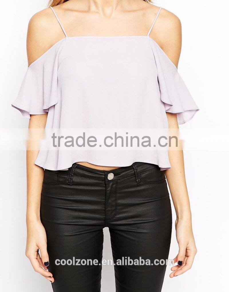 Fashion off the shoulder semi mesh crop top strap chiffon tank top