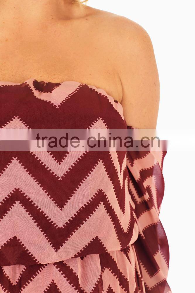 BURGUNDY PINK CHEVRON PRINTED CHIFFON OFF SHOULDER MATERNITY BLOUSE