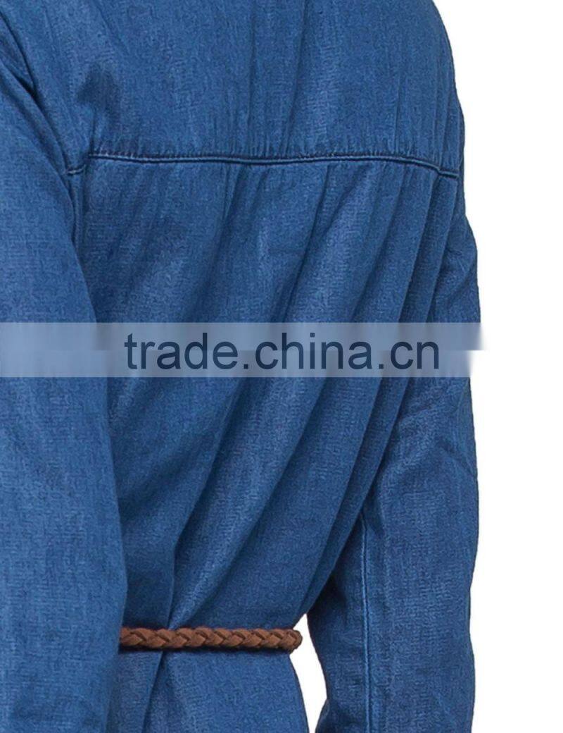 Ladies new design jeans long sleeve casual cotton longline curved hem shirt/blouse