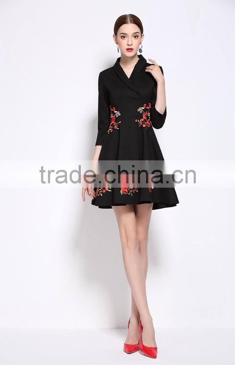 Ladies autumn/winter V neck 3/4 sleeve embroidered A-line dress