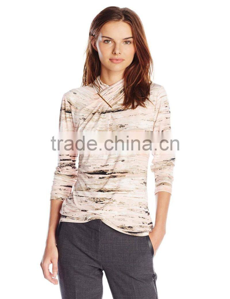 High Neck Ruching full discharged printed long sleeve t shirt
