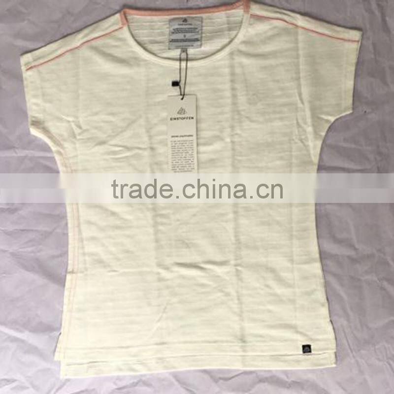 Ladies White Side Slit Dip Hem Striped Cotton T-Shirt