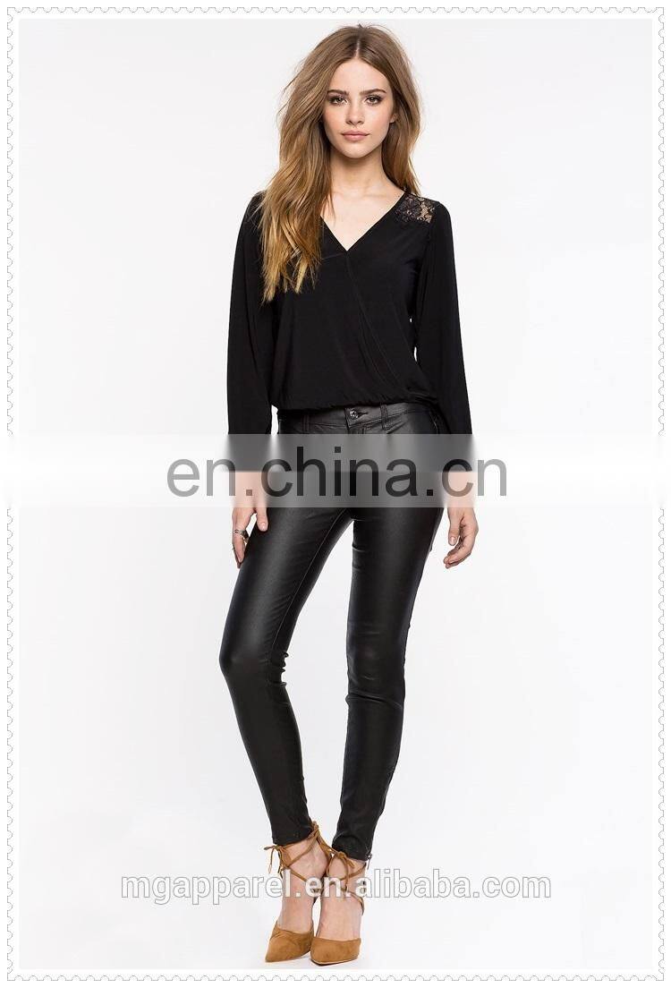 OEM cheap women fancy sexy long sleeves black chiffon blouse