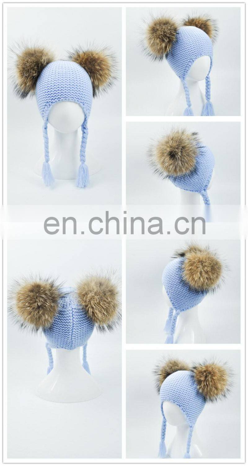 High Quality Fashionable Kids Beanie Hats With Two Fur Pom Poms Baby Fur Hat
