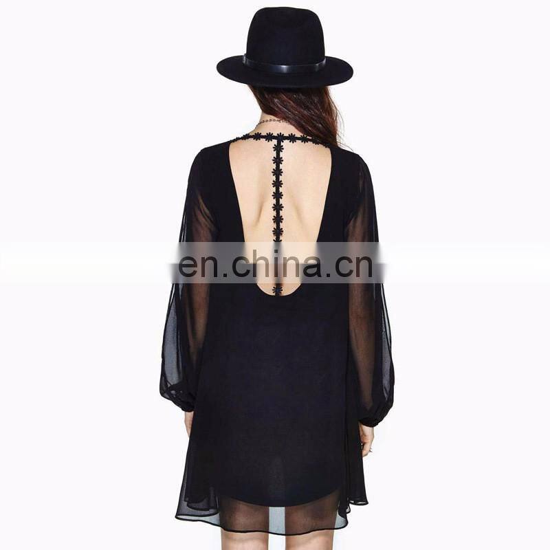 Long sleeves Black sexy back open dress for woman with lace trim