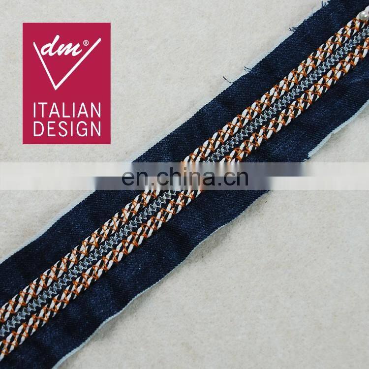 Italy design fashion denim fabric trim embroidery tape with 3d braided rope
