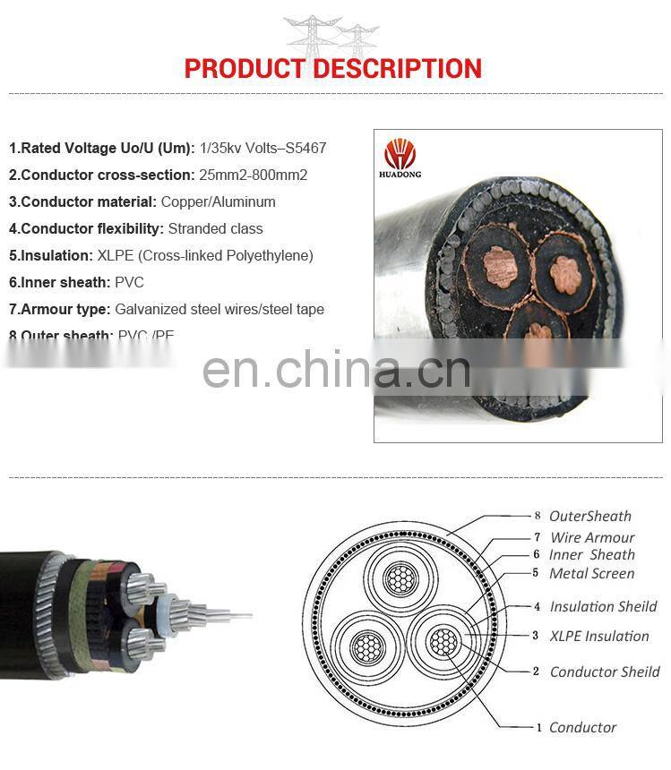 Huadong cable MV aluminum concentric power cable 70mm single core power cable