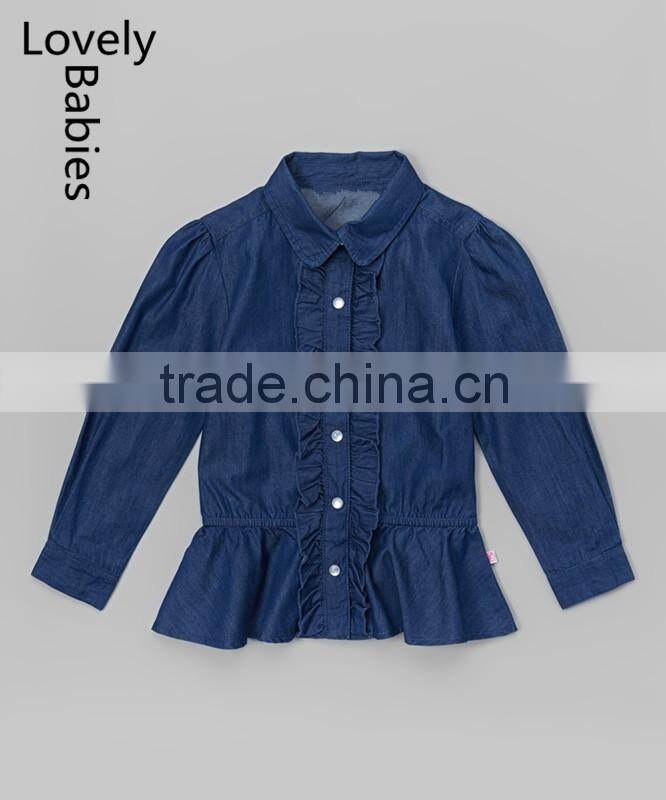 Bulk wholesale kids clothing girls blue denim ruffle button up top